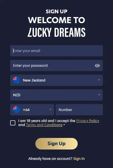 Registration Process at casino LUCKY DREAMS
